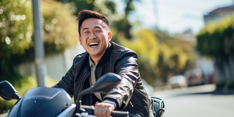 Adult guy smiling happily while riding a motorcycle