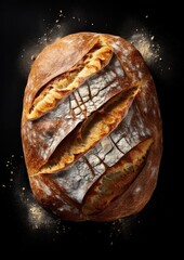 A fresh loaf of bread photographed from above on a black background. Generative AI.