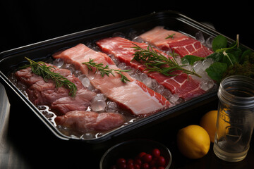 Meat in a tray submerged under broth