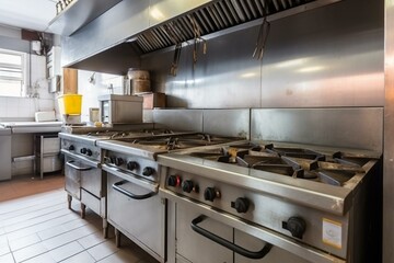 Restaurant or cafe kitchen has big gas stove. Generative AI