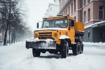 Small snowplow vehicle for cleaning driveways and streets during heavy snowfall and blizzards. Generative AI - obrazy, fototapety, plakaty