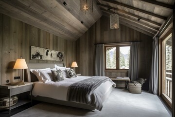 Modern bedroom chalet with grey floral accents. Generative AI