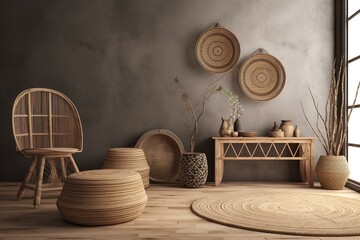 Rustic interior with ethnic decor and rattan furniture, blank wall mockup. 3D rendition. Generative AI