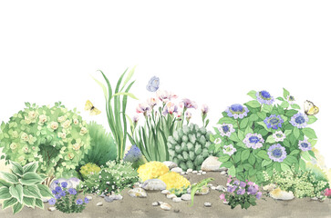 Garden design landscape, watercolor isolated floral border with beautiful blossom plants, butterflies and lizard. Botanical illustration for your text, invitation card or garden background. - 635019656