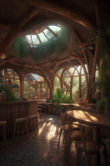 Interior of desolate fairy forest cafe
