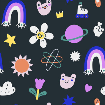 Seamless childish pattern with pins, patches elements, rainbow, frog, sun, flower. Vector kids modern texture
