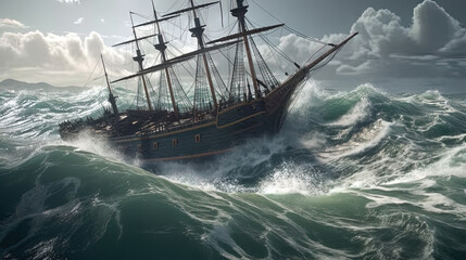 Obraz premium Ship in the stormy sea with huge waves. Giant stormy waves in the ocean and boat.