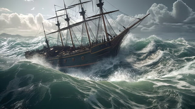 Ship in the stormy sea with huge waves. Giant stormy waves in the ocean and boat.