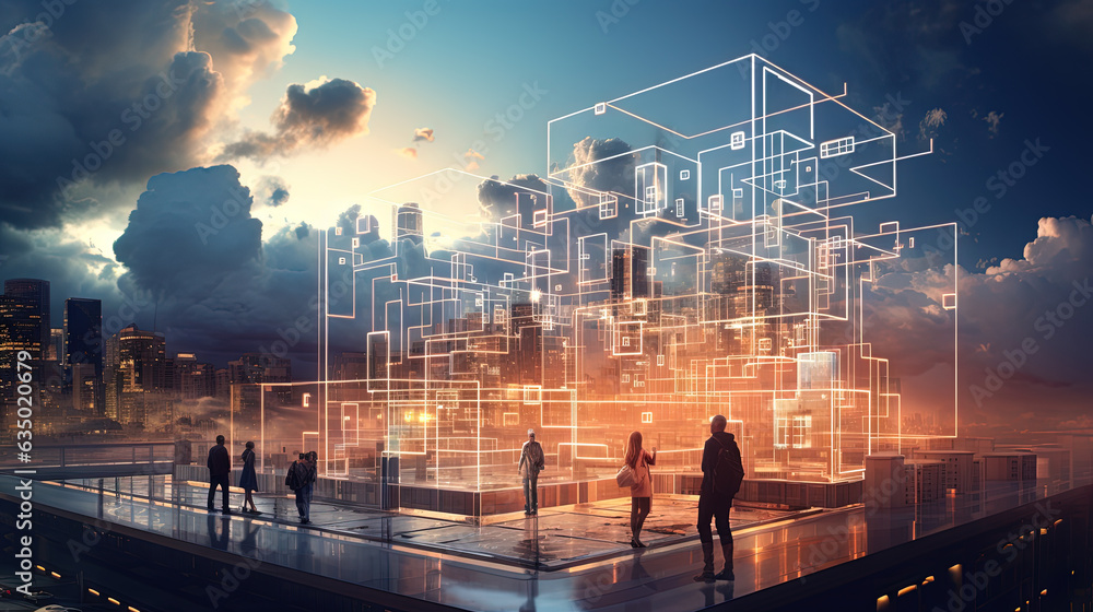 Poster Concept of a digital city with cloud connections. Futuristic network in the clouds.
