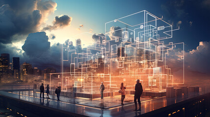 Concept of a digital city with cloud connections. Futuristic network in the clouds. - obrazy, fototapety, plakaty
