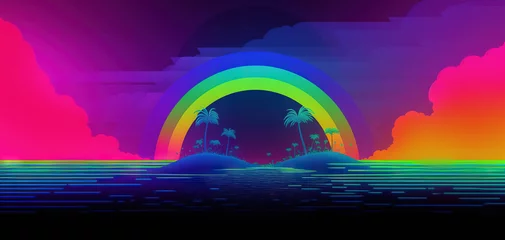Schilderijen op glas Palm trees and rainbow 80s landscape in vaporwave style. Retrowave vacation background with tropical sunset and palms. © swillklitch
