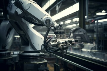 Naklejka premium Precise robotic manipulator machine welding hand at factory's assembly line manufacturing process. Innovative advanced technologies robot arm helping people increase production factory effectiveness