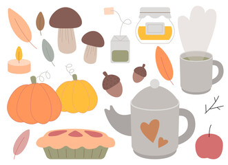 Teapot and cup, forest leaves and mushrooms, pie and pumpkins. Autumn mood clipart. Set of vector illustrations for Thanksgiving holiday cards making, invitations for party, stickers