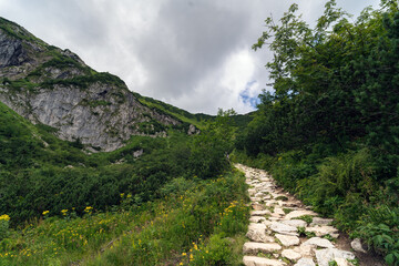 Fototapeta na wymiar Hiking trail to the Gievont rock in the Tatra mountains on a summer day.