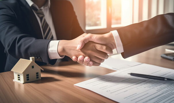 Estate agent shaking hands with buyer after signing the contract