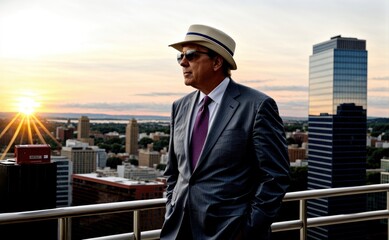 Plakat businessman in the city, an oldman on the top of the building with city view