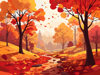 Naklejka na ściany i meble colorful trees shed leaves, warm reds, oranges, yellows create picturesque landscape in a cozy vector illustration