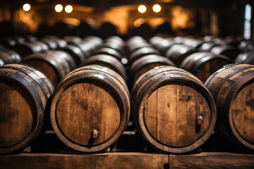 Wine casks at the winery. Stacked Wine barrels at the german winery. Old vintage whisky cask.  - obrazy, fototapety, plakaty
