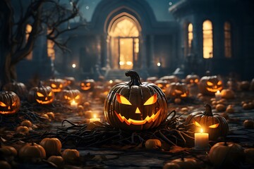 3d rendered group of jack o lantern pumpkins on garden yard at night, house. Halloween, spooky season, evil, mist. Ai generated