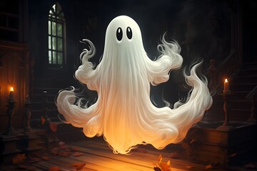 Cute ghost, spirit levitating in the dark room. Hallowen, spooky season. Wallpaper. Ai generated