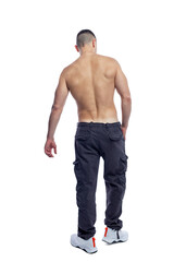 Fototapeta premium A man with a beautiful athletic figure in trousers with a naked torso stands in full growth. Sport and health. Isolated on white background. Vertical. Back view.