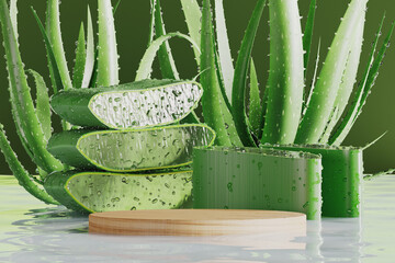 Wooden slab and aloe vera background on the clear water. Abstract background for cosmetic presentation. 3D rendering