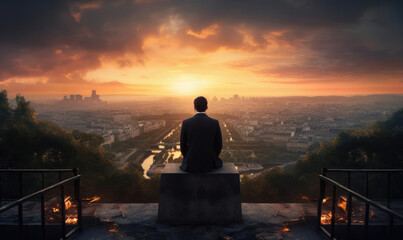Naklejka na ściany i meble A businessman looks at the city and the sunrise from a height