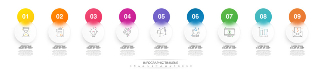 Modern vector minimalist infographic template composed of 9 circles and steps. Business design with marketing icons for nine options