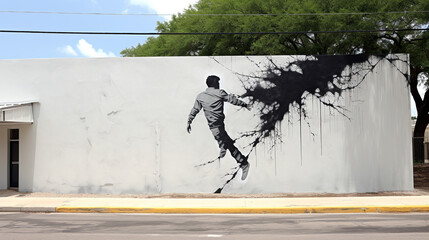 abstract background with jumping man painted on building wall, street art concept. Generative Ai. 