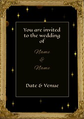 Composition of wedding invitation text over gold frame and dark background