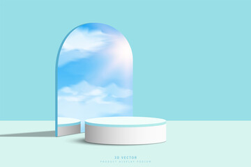 3D white blue podium display. cylinder pedestal or stage for showcase with cloud, sky and sun in arch mirror glass. Outdoor scene design for mockup or product presentation. 3D vector rendering - obrazy, fototapety, plakaty