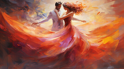 couple dancing on colorful background, illustration in abstract impressionism style. Generative AI.