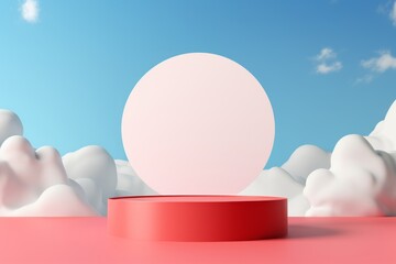 3d render, abstract sunny red background with white clouds and blue round hole