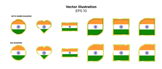 Collection of Indian Flag Emblems and icons in different shapes with and without shadows in gold shiny frames. Editable Vector Art. EPS 10.
