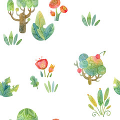 Watercolor cartoon seamless pattern, fairy forest