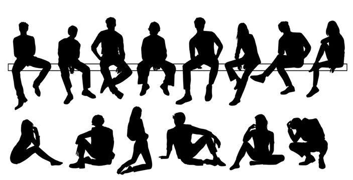 Vector silhouettes of men, women and teenagers sitting on a bench, different poses, a group of business people, black color, isolated on a white background