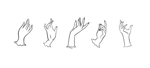 Hand drawn vector abstract outline,graphic,line art elegant retro human for logo or branding in minimalistic modern style.Vector human hands set sign outline design concept.Outline hands isolated.
