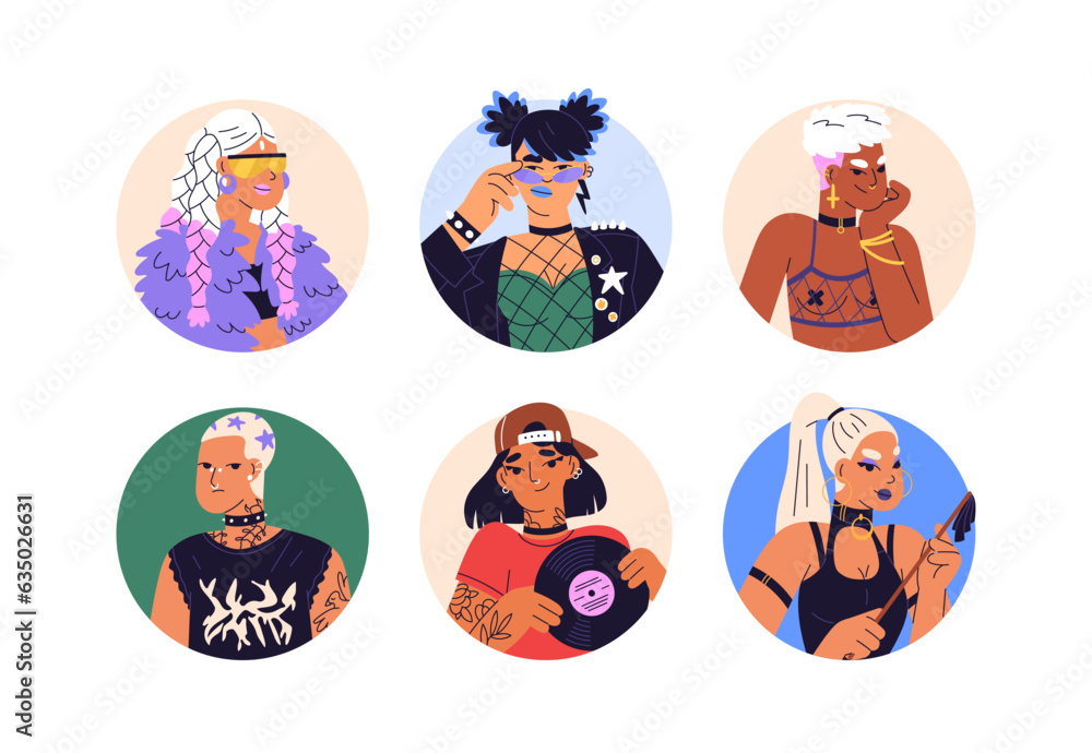 Poster Cool sassy girls avatars set. Fashion women characters, funky face portraits. Creative modern trendy females in circles, tattoo, piercing. Flat vector illustrations isolated on white background