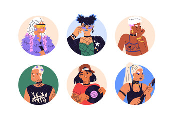 Cool sassy girls avatars set. Fashion women characters, funky face portraits. Creative modern trendy females in circles, tattoo, piercing. Flat vector illustrations isolated on white background