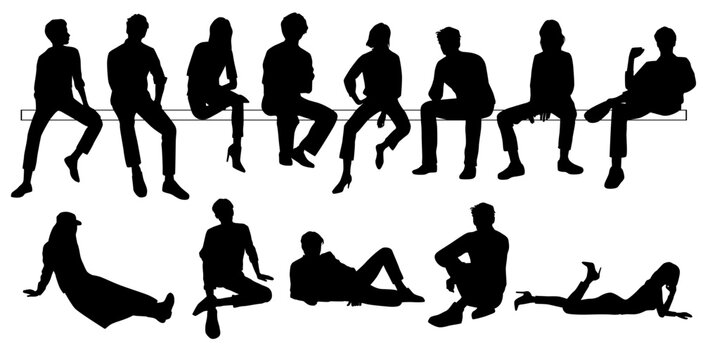 Vector silhouettes of men, women and teenagers sitting on a bench, different poses, a group of business people, black color, isolated on a white background
