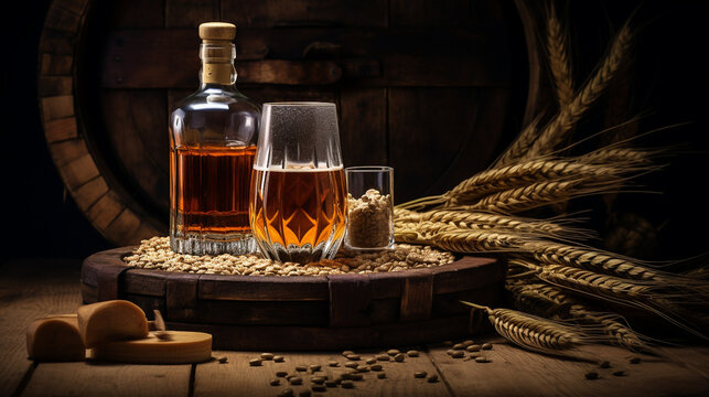 A glass of whiskey or brandy with a decanter. On the background of an oak barrel. Close-up side view.