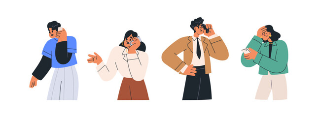 Sad upset people during unpleasant mobile phone calls. Stressed worried men, women talking on cellphone about bad news, problems. Flat graphic vector illustrations isolated on white background