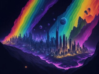 Multiverse space colony in rainbow color, AI generated