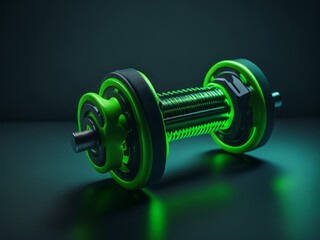 Neon glowing dumbbell on green background, AI generated