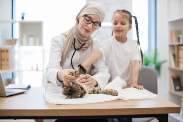 Animal doctor performing chest exam of cat with help of kid