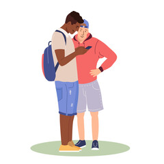 African american student using mobile phone. Two guys holding smartphone and looking at screen, typing, chatting, surfing internet Flat vector illustration men with cellphone isolated white background