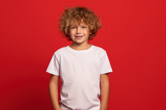 Young boy wearing white blank t-shirt on red background, t-shirt template, mockup, studio shot, child wearing shirt