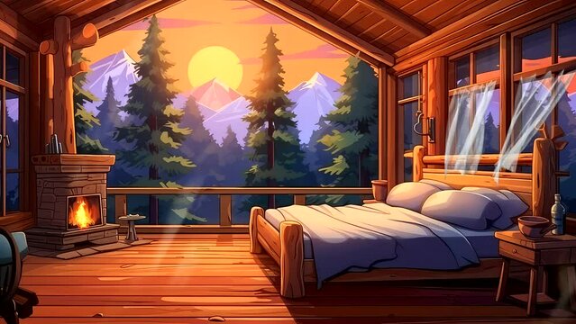 bedroom interior of wooden house with outdoor nature view sunset, tree forest, video footage relax concept 