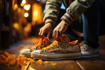 Close-up of hands lacing up fashionable sneakers  - stock photography concepts