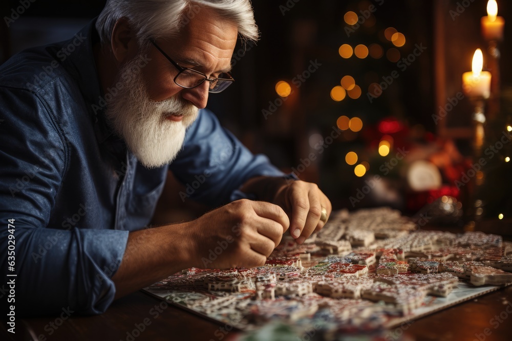 Wall mural Close-up of hands setting up a holiday-themed puzzle - stock photography concepts